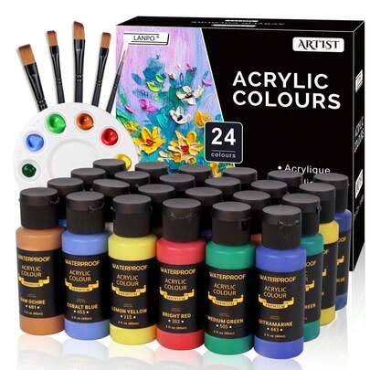 Akrylfärgsset med 24 färger, 60 ml/2 oz flaskor, med 5 penslar, 1 svamp och 1 palett, bleknar inte, livfulla färger, lämplig för konstnärer och vuxna, - Multi-color (Som visas på bilden)