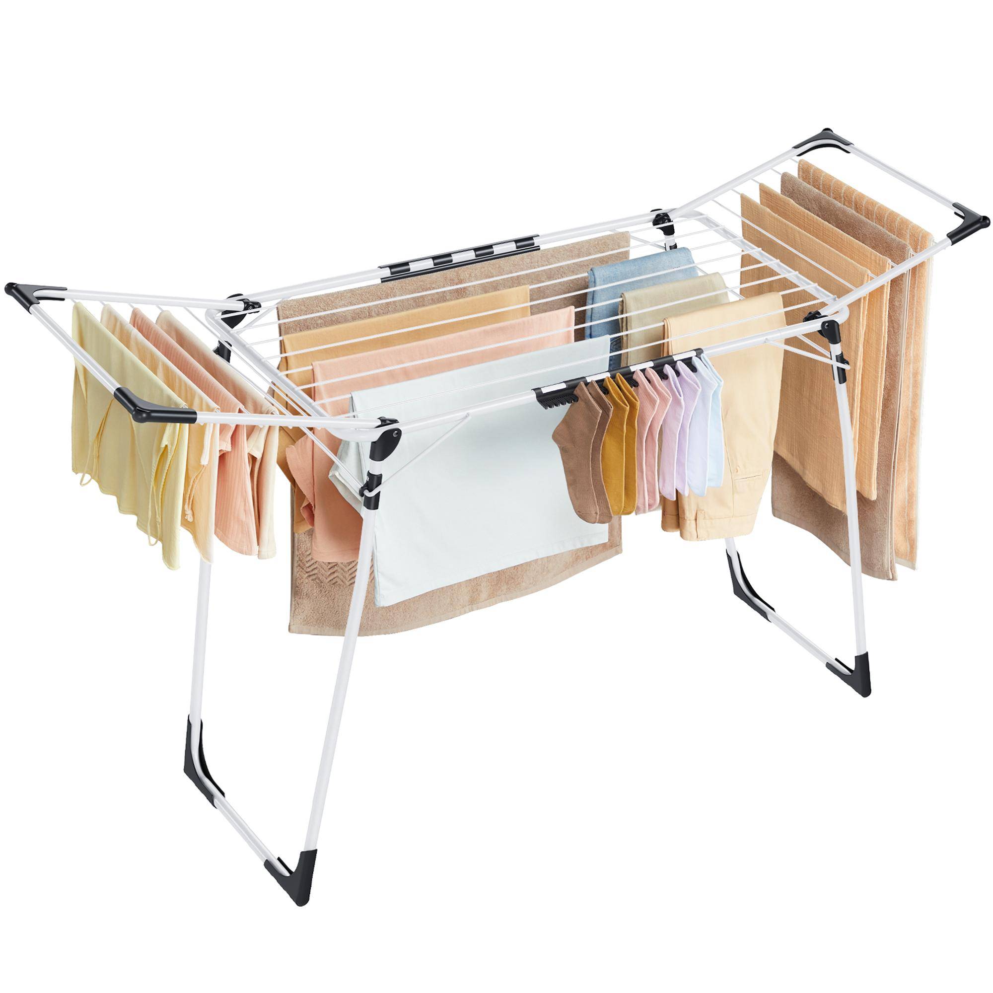 Foldbart tørrestativ med vinger - 52,5 × 173 × 96,5 cm, hvid, 18 m tørreplads, sokkeklemmer