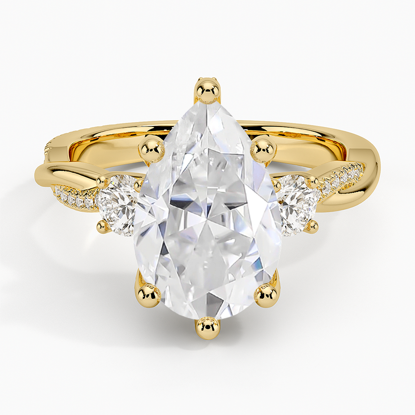 14K Yellow Gold Moissanite Adorned Petite Twisted Vine Three Stone Diamond Ring