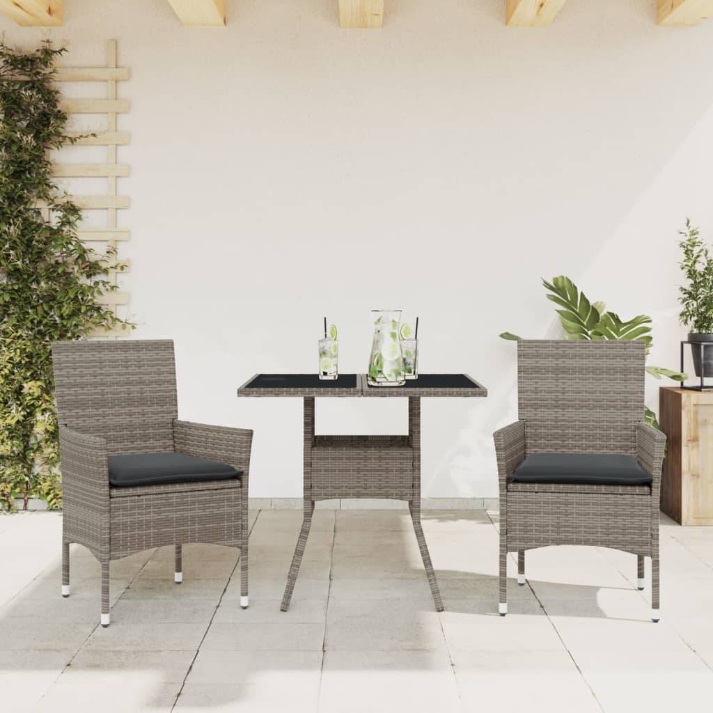 Spisebordssæt Til Haven 3Dele M. Hynder Polyrattan Og Glas Sort - 2 / Grå.