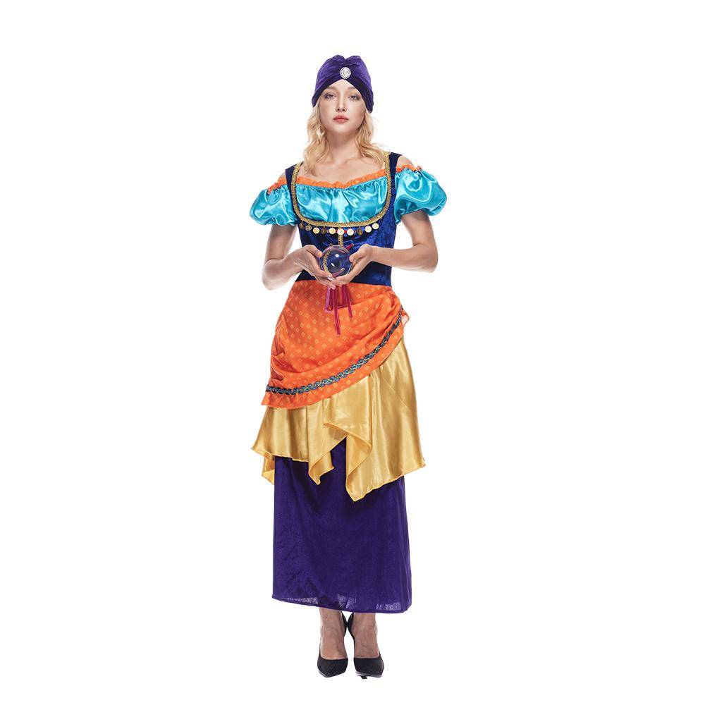 Kvinnors stjärna Tarot Fortune Teller kostym Mystisk vuxen Halloween Gypsy Klänning med hatt cm flerfärgad