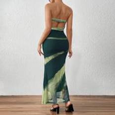 Dam Elegant High-End Outdoor Green Gradient Print Mesh Tube Top Bodycon Mermaid Dress - Grön - L,M,S,XL