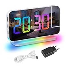 Exmate Projektionsväckarklocka, LED digital väckarklocka med 180° roterbar projektor, RGB-nattlampa, 2 x USB C-port, 6 ljusstyrka justerbar Snooze 12/24H väckarklocka för hemmet (vit med adapter)