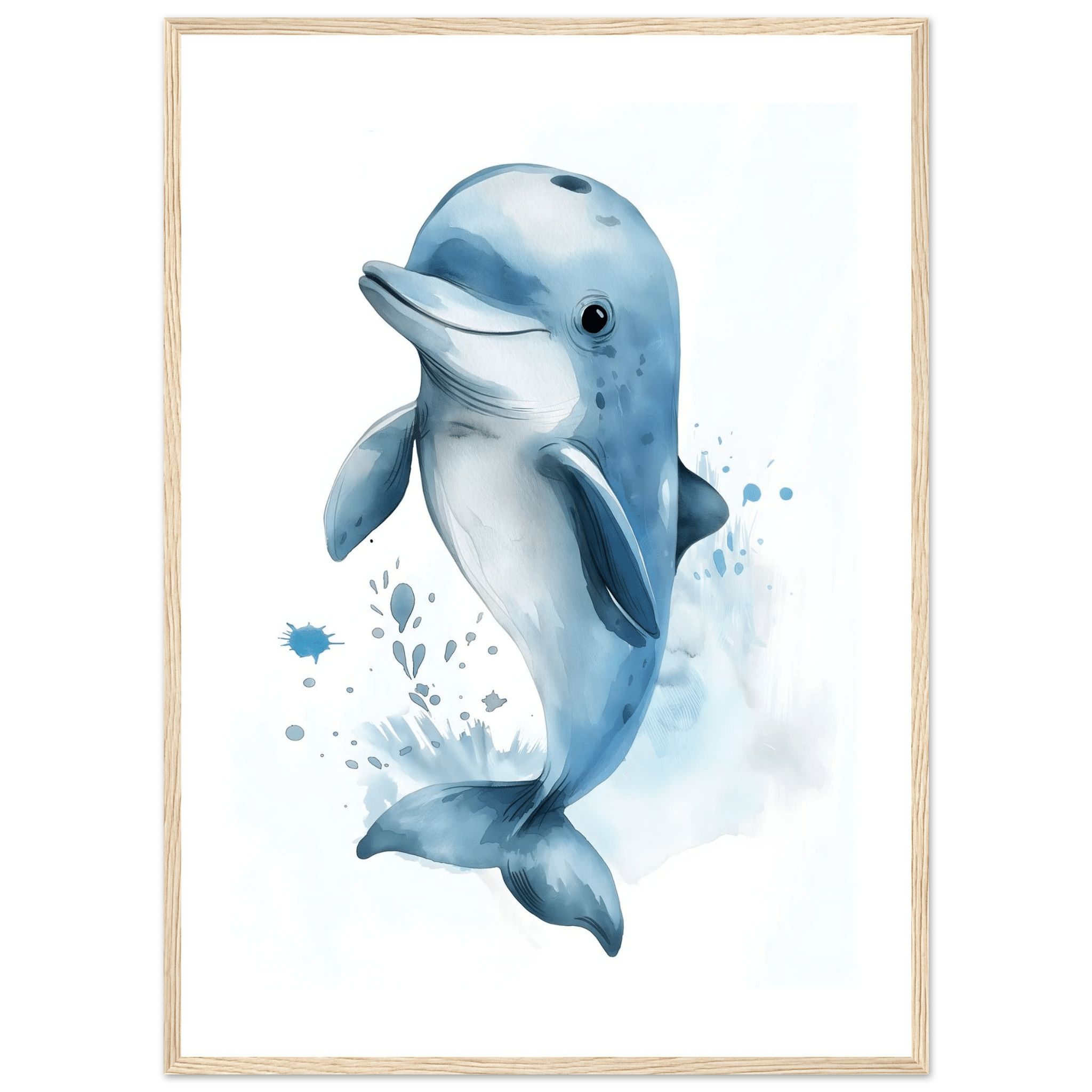 Söt delfin poster-50x70 cm / 20x28″ / Med ram / Ljust trä