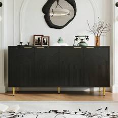 Svart skänk med gulddetaljer – Modern byrå med 4 dörrar, borstade handtag och högglansben (160*80*40 cm) – Elegant skåp för vardagsrummet