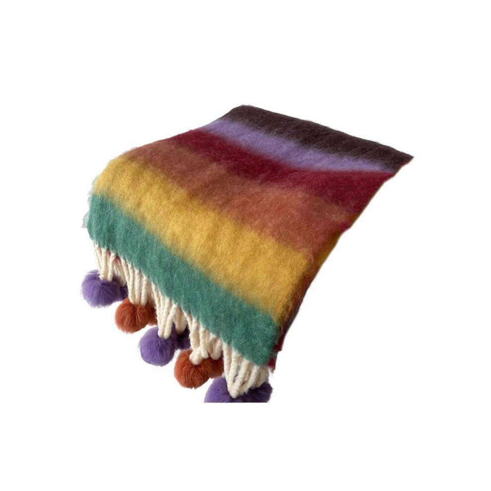 (A) Women Scarf Rainbow Color Striped Scarf with Plush Balls Tassel Winter Thickened Warm Couple Scarf Versatile Wear