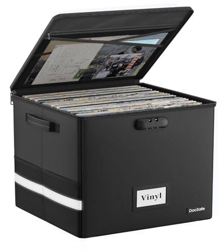 DocSafe Feuerfest Schallplatten Aufbewahrungsbox Vinyl Schallplattenkoffer mit Schloss Plattenkoffer zur 150 Schallplatten,Zusammenklappbare Aufbewahrungskiste für die Aufbewahrung Wertvoller Alben