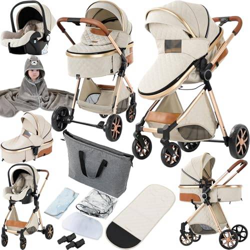 3-i-1 kombibarnvagn med resesystem, standardbarnvagn, barnvagn,buggy, nyfödd, bärbar resevagn, vikbar, high landscape-barnvagn (225 gräddvit)