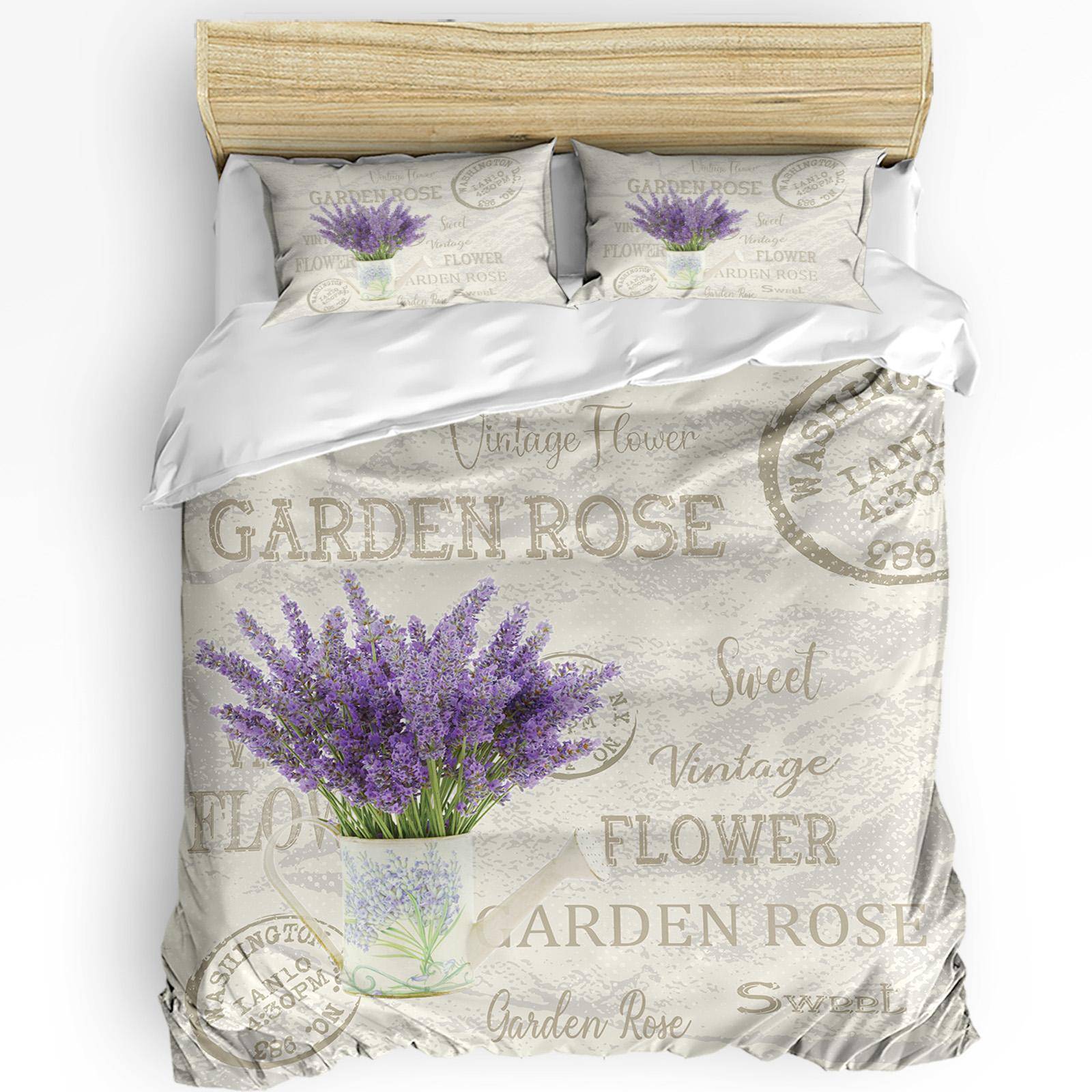 Blomma Lavendel Vattenkokare Vintage Vykort Trä Påslakan Med Örngott 3st Sängkläder Set Täcke Dubbelsäng Hemtextil EU single(135x200cm)