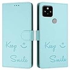 JZ För Pixel 5 Fall Konstläder Flip Cover Wallet [Keep Smile][Handled & Neck Strap][Korthållare] För Google Pixel 5 Fall - Mint Green