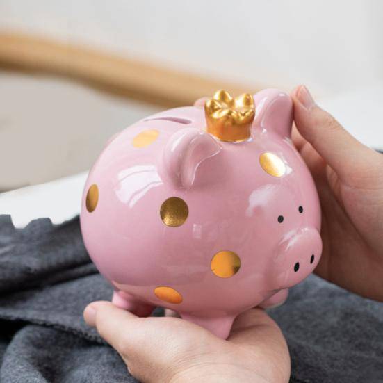 Keramisk Krona Gris Spargris Guldprick Tecknad Gris Mynt Pengar Bank rosa