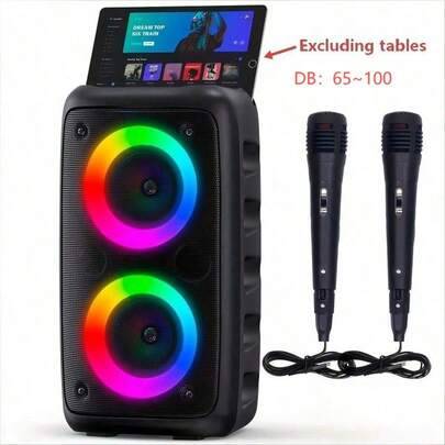 Karaokemaskin med 2 trådbundna mikrofoner, 85 dB, bärbar högtalare för vuxna, PA-system med LED-ljus, karaokehögtalare, stöd för MicroSD-kort/USB, AUX - Svart (En-Storlek)