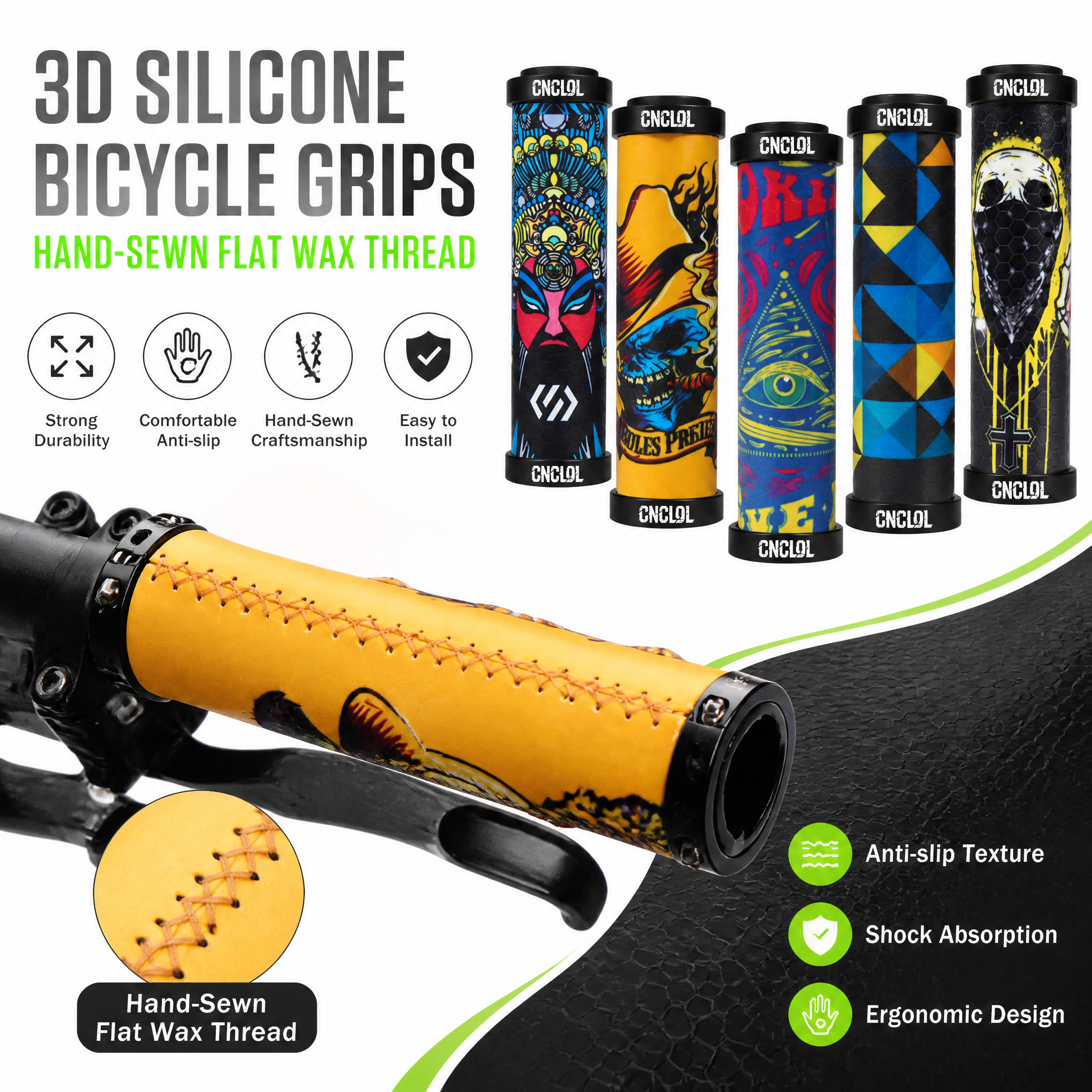 CNCLOL 3D Anti-Slip Silicone Bike Grips Double Lock On Dual Shock Absorbing Heat Insulated MTB Fixed Gear Bicycle Grips
