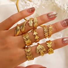 Cross-border French Vintage Leaf Ring Adjustable 18K Gold Plated Ring Fashion Stainless Steel Ring for Women