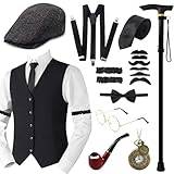 1920-talet herraccessoarer, 20-tals gangsterkostym, herrtillbehör, maffia Gatsby-kostym-set, väst, Fedora-hatt, mustasch för man, karneval, halloween, cosplay (basker, M)