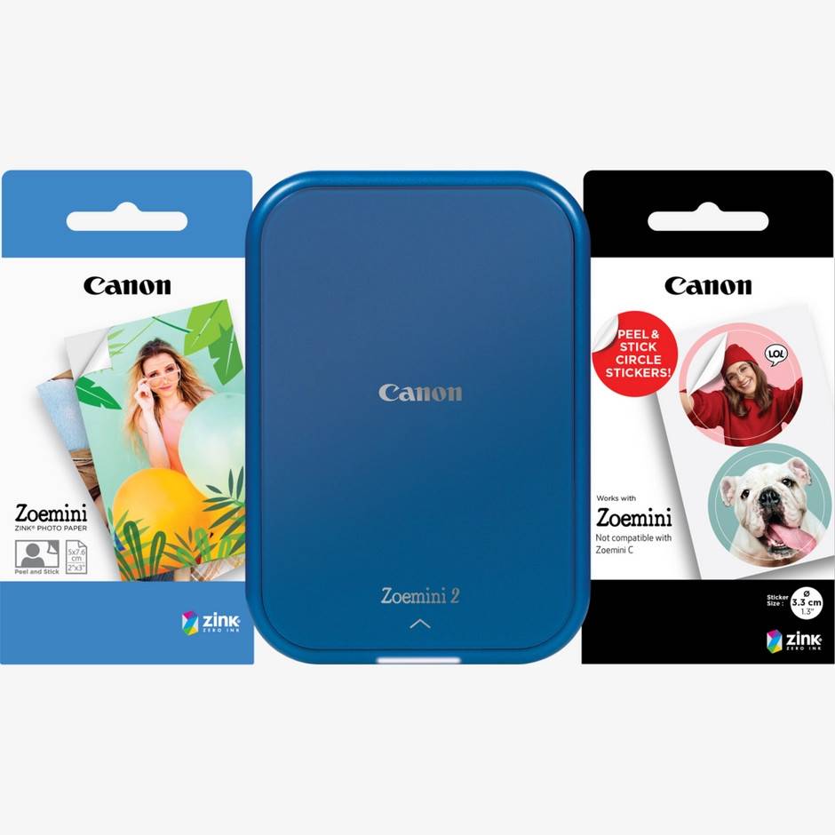 Canon Zoemini 2 bærbar farvefotoprinter, Navy Blue + 5 x 7,6 cm ZINK™-fotopapir x20 ark + 3,3 cm runde ZINK™ klistermærker x10 ark