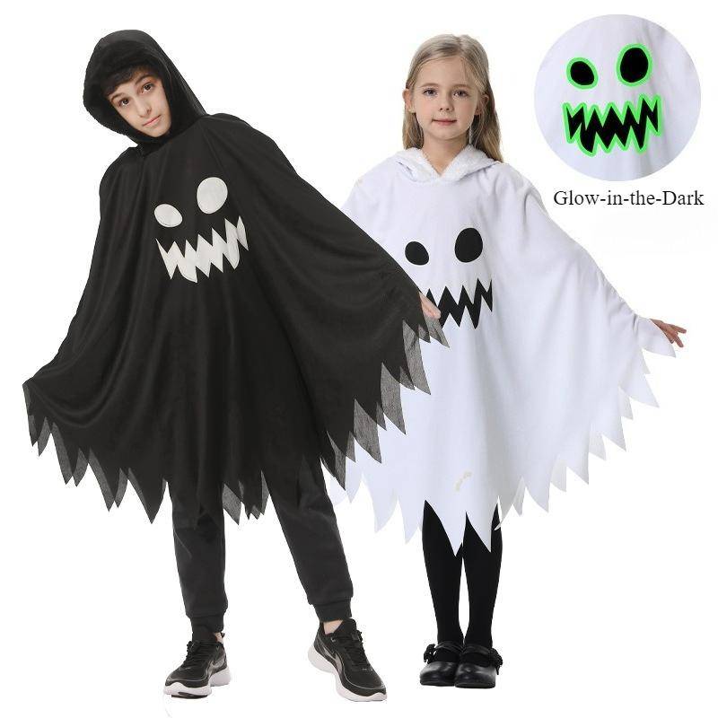 Luminous Ghost Cloak White & Black Glowing Ghost Face Cape, Halloween Ghost Costume for Carnival Party Cosplay Role Play Outfit 130-140cm