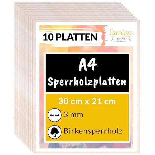 Creative Deco 10 x A4 Sperrholzplatte 3mm | 300 x 210 (+/- 2) mm | Birkensperrholz Dünne holz-Zuschnitte | Perfektes Blatt für Laubsäge, Brandmalerei, Laserschnitt, CNC Router, Durchbrochenes