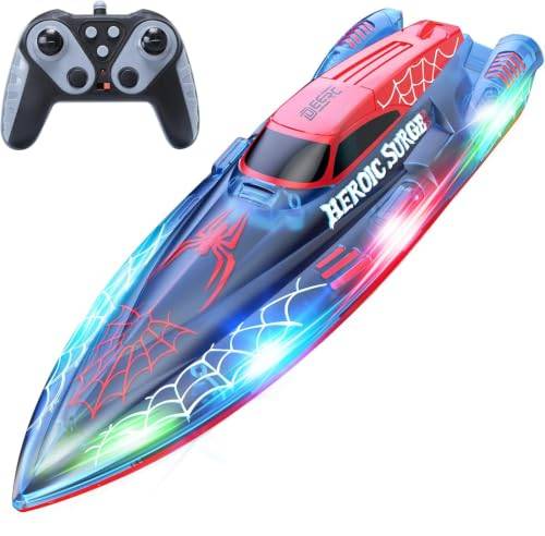 DEERC 13 inch RC Boot für Kinder, 2.4 GHz Spinne Ferngesteuertes Boot mit LED-Lichtern für Pools und Seen, Wasser-Spielzeug Geschenk für Jungen 8-12 Jahre, 2 Batterien