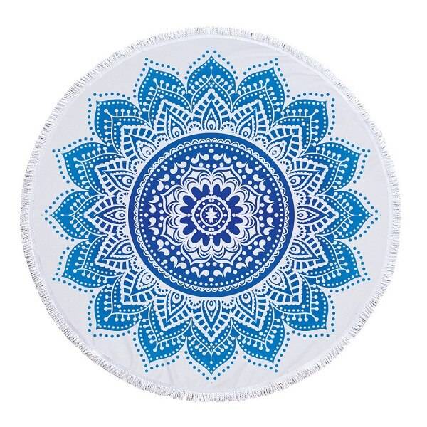 Indisk rund strandhandduk boho tofs mandala lotus blommig yoga gobeläng matta toalla vit svart filt och 150cm - 9