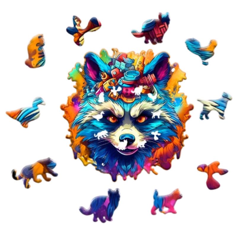 Wooden Animal Jigsaw Puzzle - Colorful Raccoon (A5 Size).