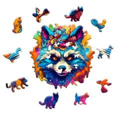 Wooden Animal Jigsaw Puzzle - Colorful Raccoon (A5 Size)