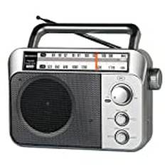 Retekess TR604 Bärbar Radio, FM AM Analog Mottagare, Växelström eller Batteri, med Stora Högtalare, Transistorradio, 3,5mm Hörlursuttag, för Äldre (silver)