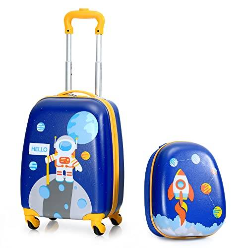 GOPLUS Barnväska med ryggsäck, rullväska för barn, bagage med hjul, resväska med teleskophandtag och hårt skal, olika färger, astronaut, 12"+16"