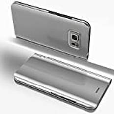 Uposao Telefonfodral för Galaxy S6 Edge Plus spegelvikbart fodral bling spegel smart klar vy hårt flip fodral galvanisering teknik PC PU-läder bokfodral med stativfunktion, silver