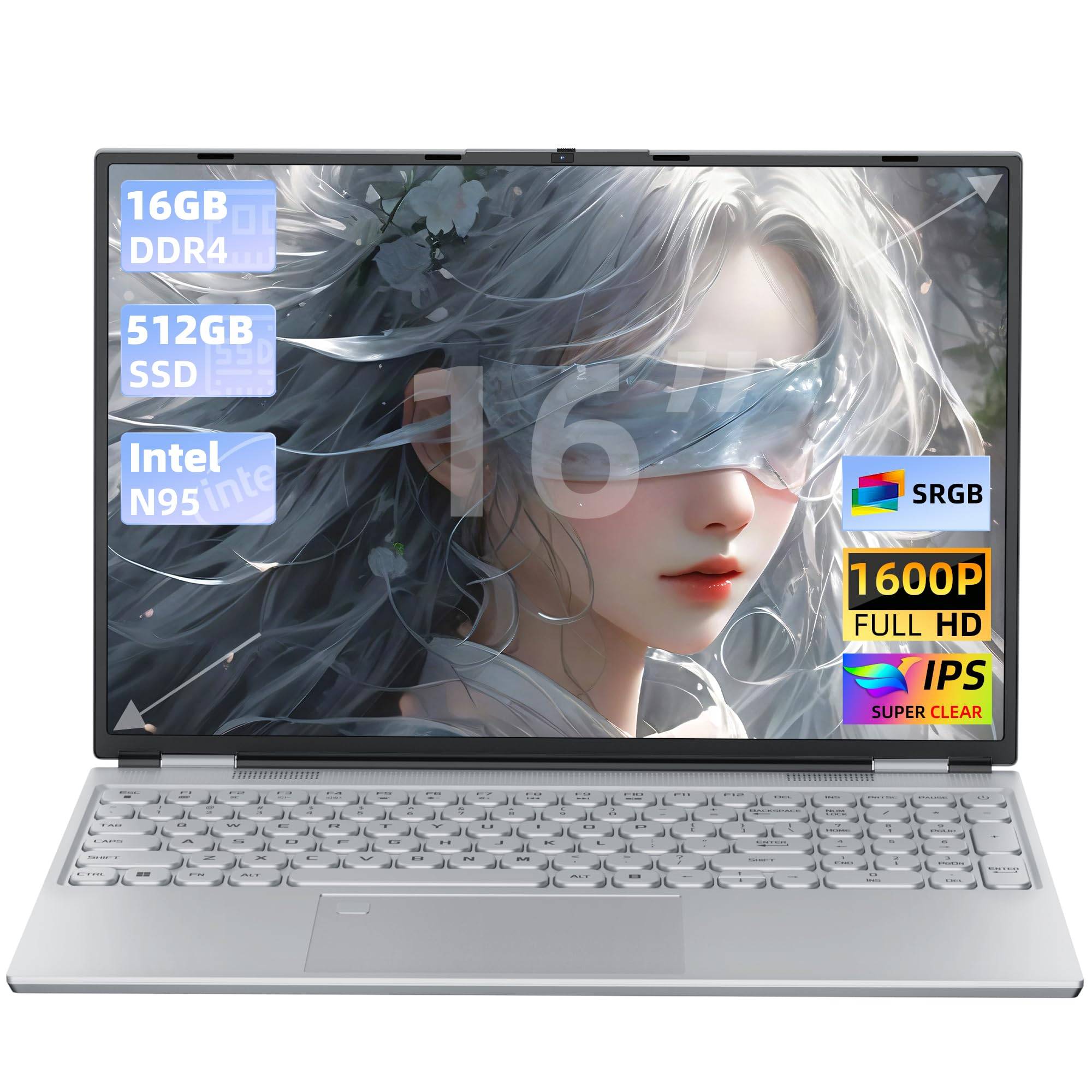 FHD IPS Laptop with MS Office 2019 and Windows 11 16GB DDR4 a fast and quiet Celeron N95 processor a USB SSD Bluetooth fingerprint and a backlit