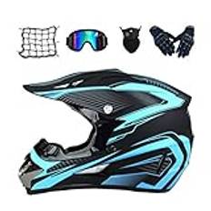 MRDEAR Motocrosshjälm-set (5 stycken/svart och blå) crosshjälm med handskar glasögon mask motorcykel nät, crosshjälm motorcykelhjälm off road downhill hjälm ATV dirt bike pocket cykelhjälm, L