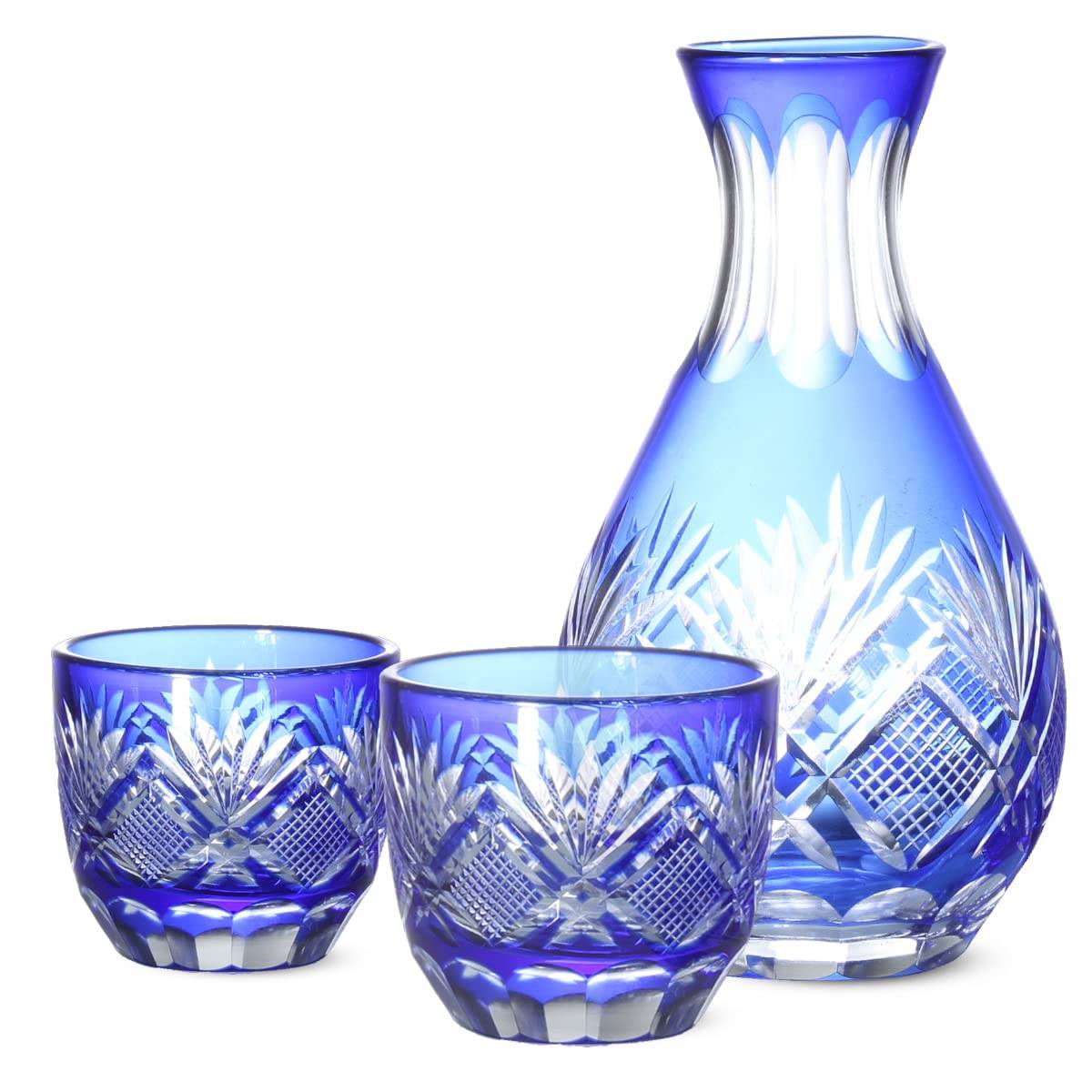 Retro Cut Glass Cup Sake Set Sake 2 Sake Hana to Ya Blue Current Model J-kitchens (1 Bottle, Cups)