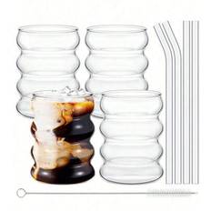 4-delat set med glasmuggar, 47 cl vattenflaskor i glas, glasburkar, vågmönstrade glasmuggar, ölglas, iskaffekoppar, lämplig för juice, kaffe, läsk, te - Multifärgad (Fyrpack)