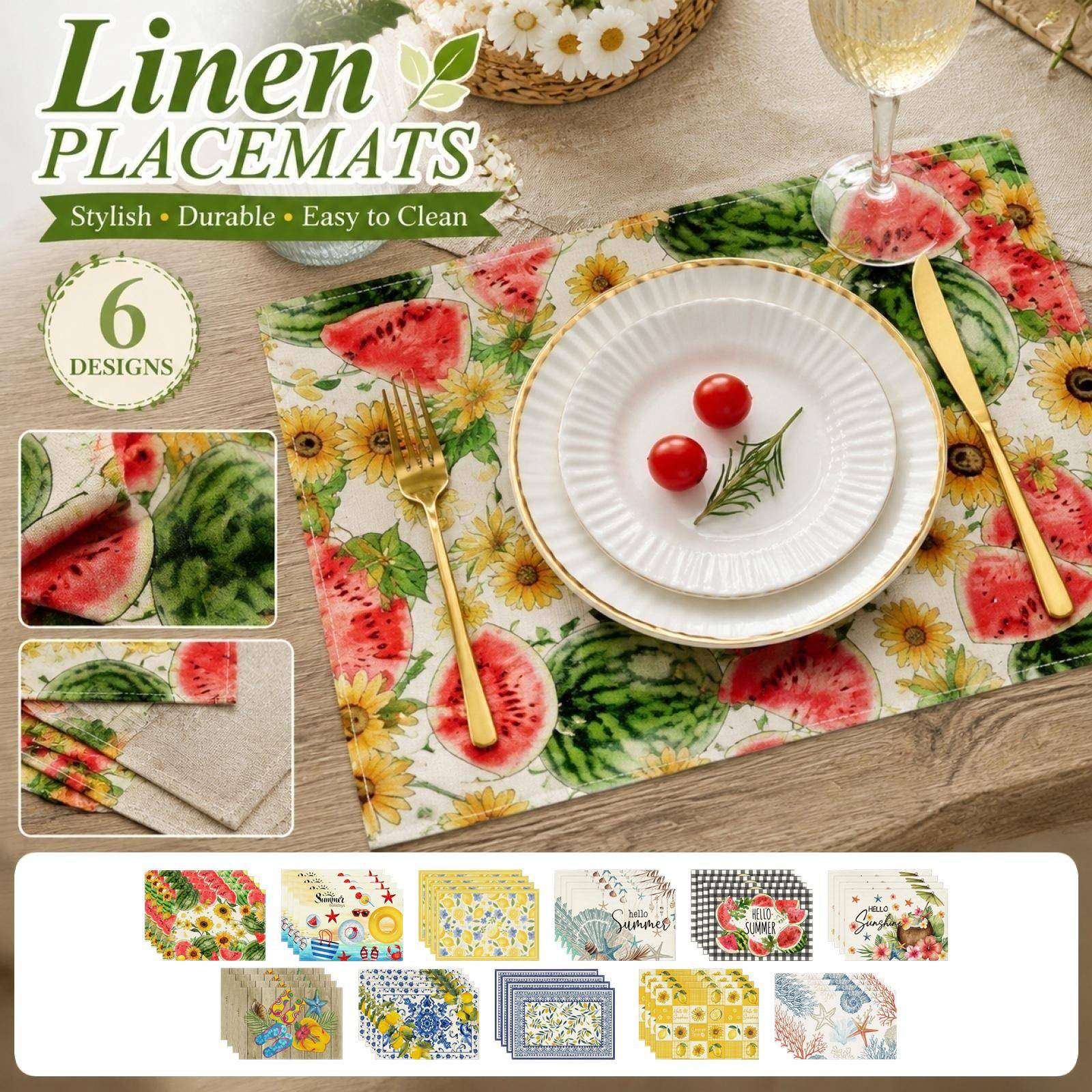 Set of 4 Lemon Print Linen Placemats - Stain and Heat Insulating for Kitchen Dining Table,45 30 cm