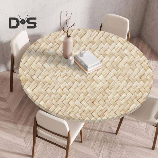 Rund bordsduk 122 cm tvättbar duk med elastisk kant 3D fläckbeständig bordsduk för köksträdgård utomhus beige