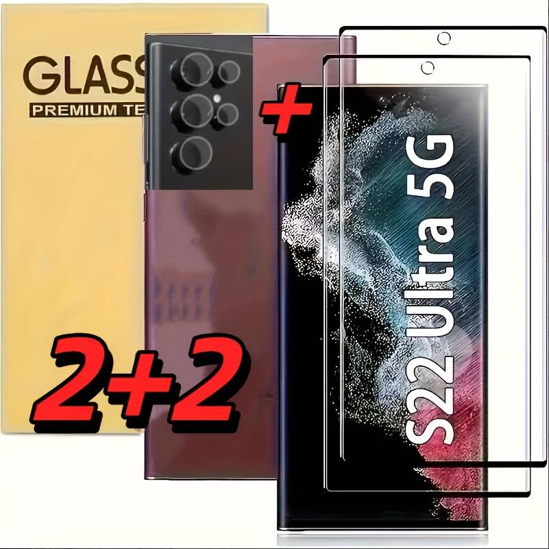 TEMU 2+2 4-pack For S22 Ultra For Galaxy S22 Ultra 5g Glass Screen Protector For S22 Ultra 2-pack Privacy Screen Protector And 2-pack Camera Lens Protector, Scratch Resistant , Smartphone