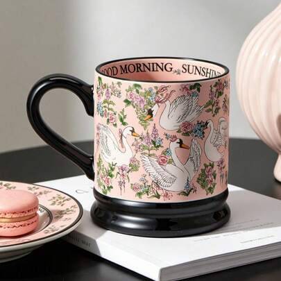 1 st söt rosa keramikmugg med svan- och blomtryck, stor kaffekopp, mjölktekopp, dekorativ frukost- och vattenglas - Lyxigt svan-glas (1 st,halm)