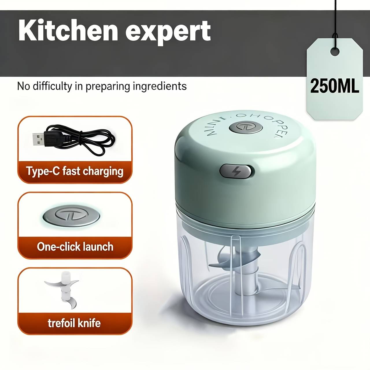 Flzh Electric Garlic Chopper, 250ml Portable Mini Food Processor, Usb Charging, With 3 Stainless , For Nuts, Chili, Onion, Minced Meat