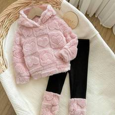 2 st söta rosa fluffiga huvtröjor och byxor för babyflicka, höst/vinter vinterkläder för babyflicka, vinterkläder för småbarnsflicka, vinterkläder för - Multifärgad (6-9M,9-12M,12-18M,18-24M,2-3Y)