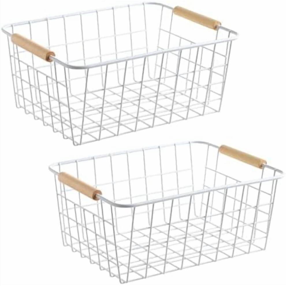 Vita trådkorgar med trähandtag, 2-pack