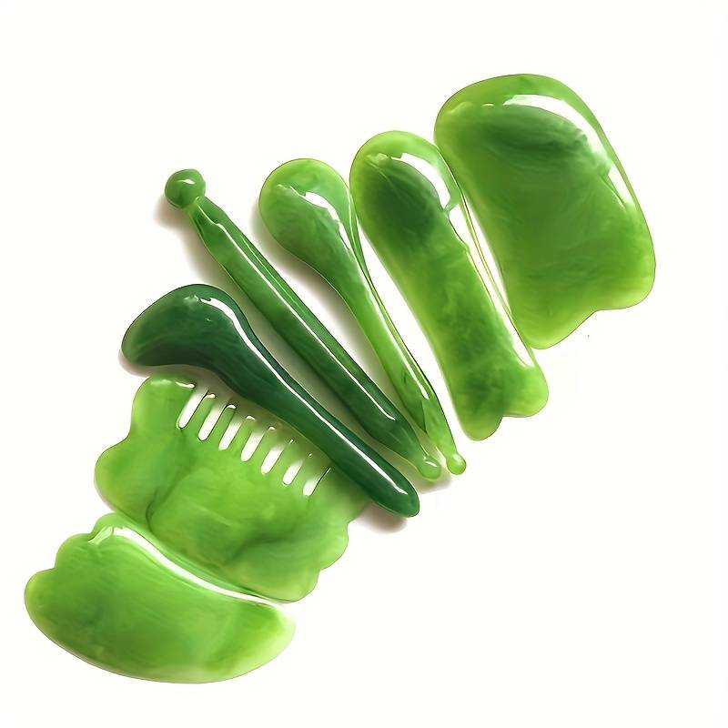 TEMU 7pcs Gua Sha Facial Massage Set - Natural Artificial Jade & Rose Quartz Scraping Tools With Comb, Storage Bag - Fragrance-free, Battery-free