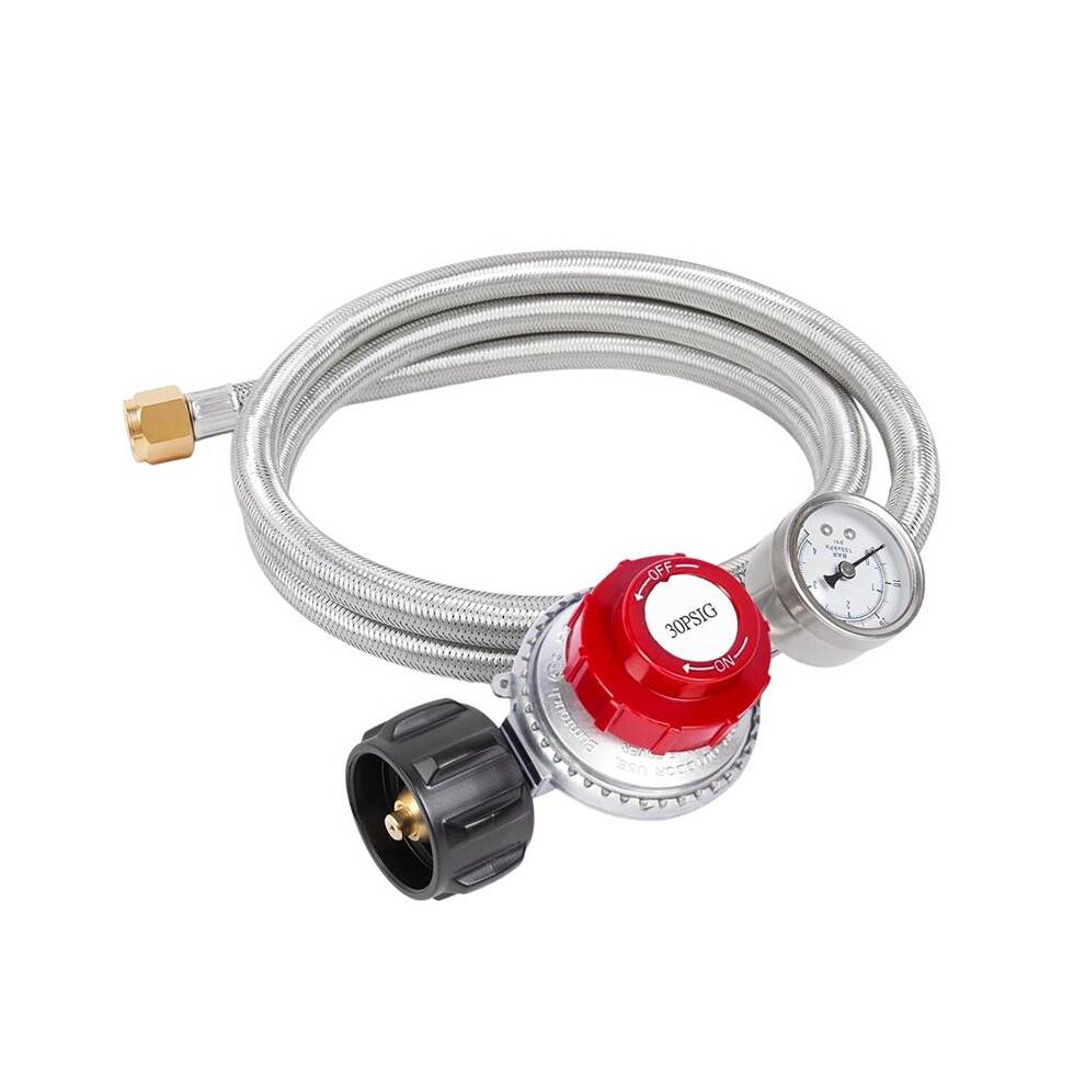 Adjustable High Pressure Propane Regulator with Gauge, 5-Foot Stainless Braided Hose for Outdoor Cooking