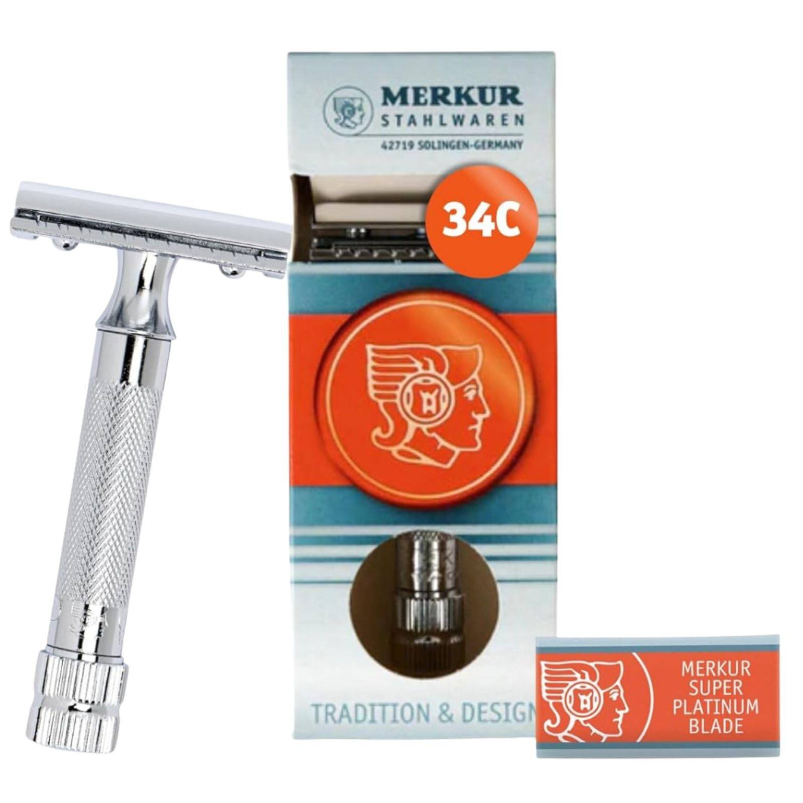 MERKUR Double-Edged Razor [Official/Manufacturer's Warranty/Authentic] Made in Germany, 34C Close Shave, Short Handle, Suitable for Sensitive Skin, Gi