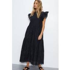 Broderie Mix Tiered Midi Dress, Black - 14