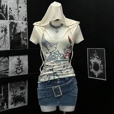 Women&#39;s Rose Flower Print Short Sleeve Hooded T-Shirt - White - L,M,S,XS
