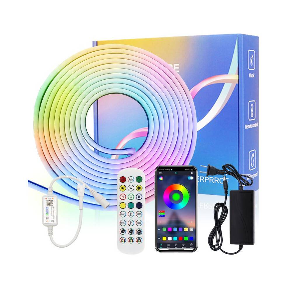 (US Plug, 10m) LED Flexible Neon Bluetooth Light Strip Kit Outdoor Waterproof Moving Head Music Sync Atmosphere Lighting Smart App Control 5M/10M/20M