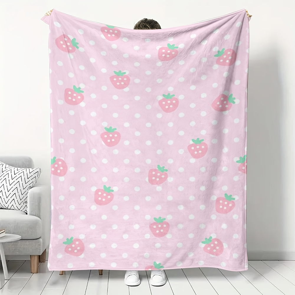 1pc  Pink Strawberry Polka Dot Flannel Throw Blanket Soft Cozy Cute Kawaii Blanket for Bedroom Living Room Dorm Decor