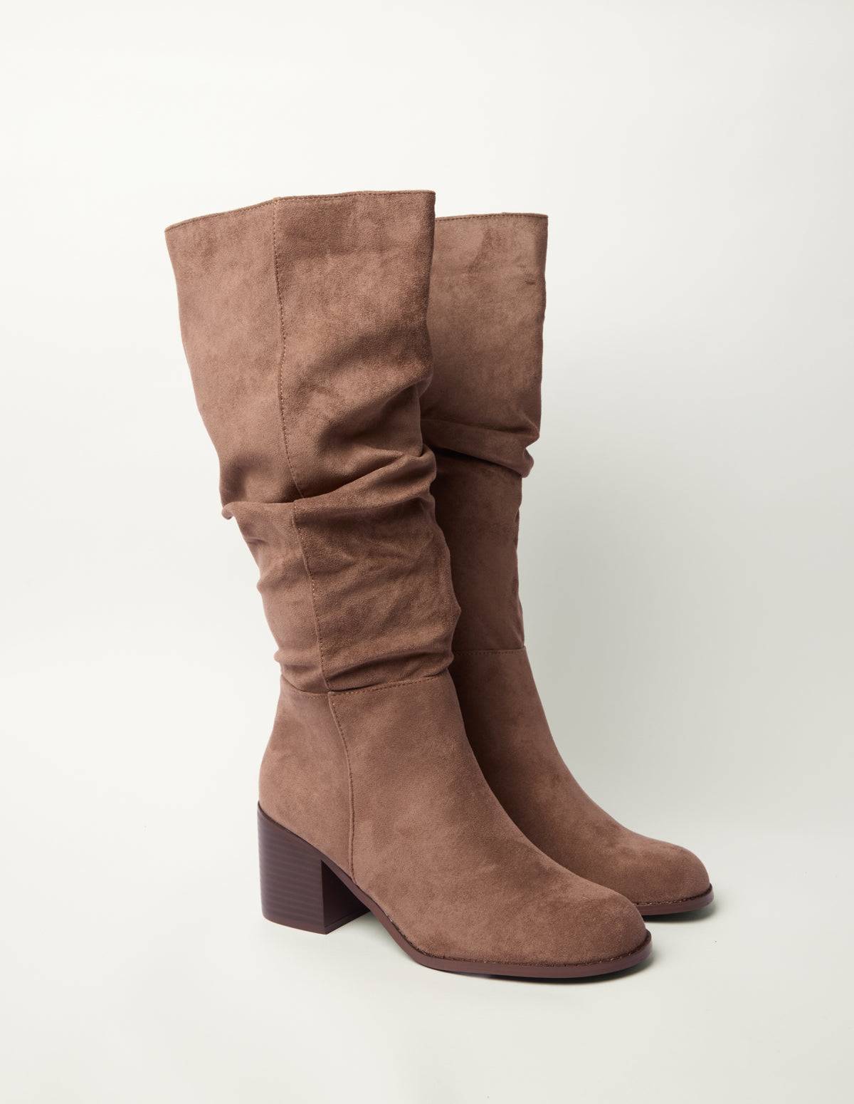 Ruched Detail Suede Long Boots - UK 6 (EU 39) / TAUPE