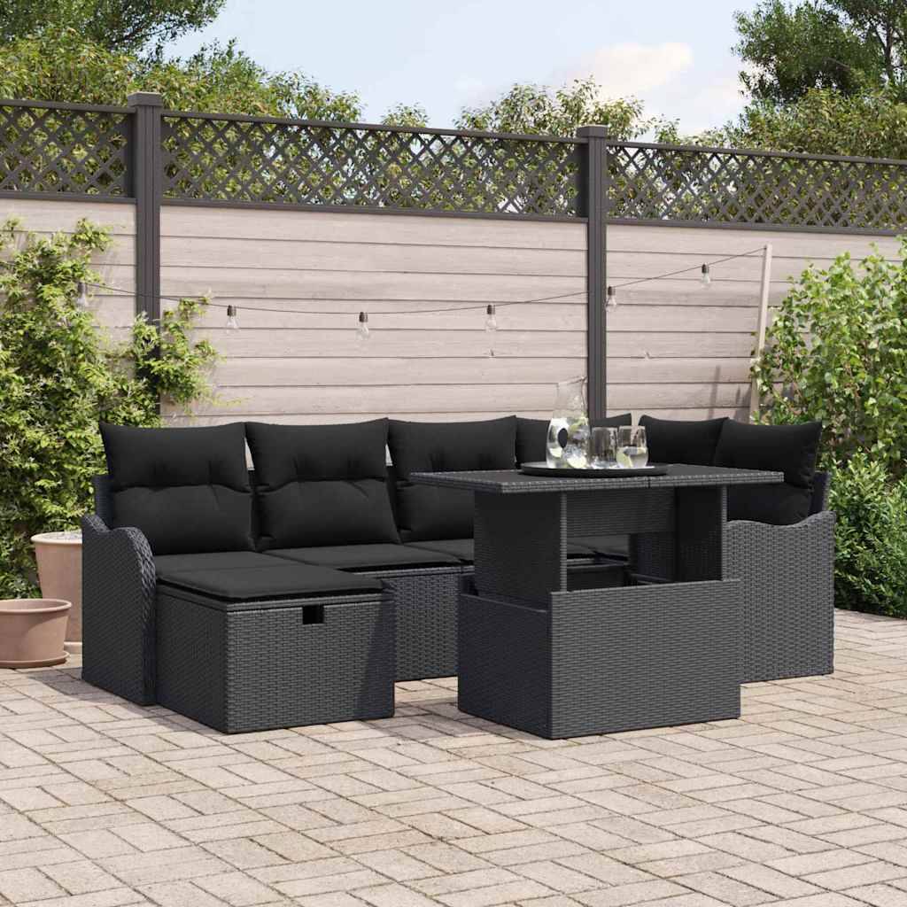 vidaXL Havesofa Sæt 7 stk. Sort polyrattan