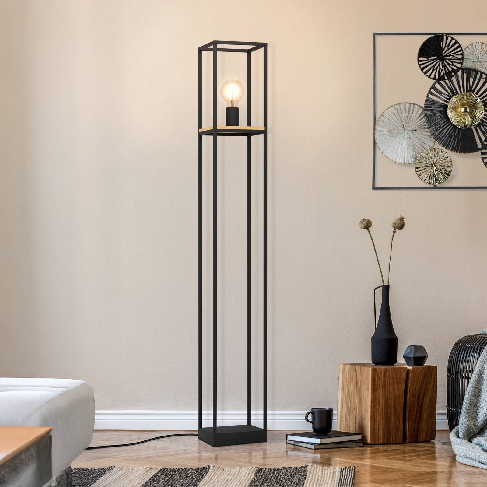 EGLO Libertad golvlampa, höjd 128,5 cm, svart/trä, stål, Svart, Vardagsrum / matsal, Metall, Modern, Golvlampa